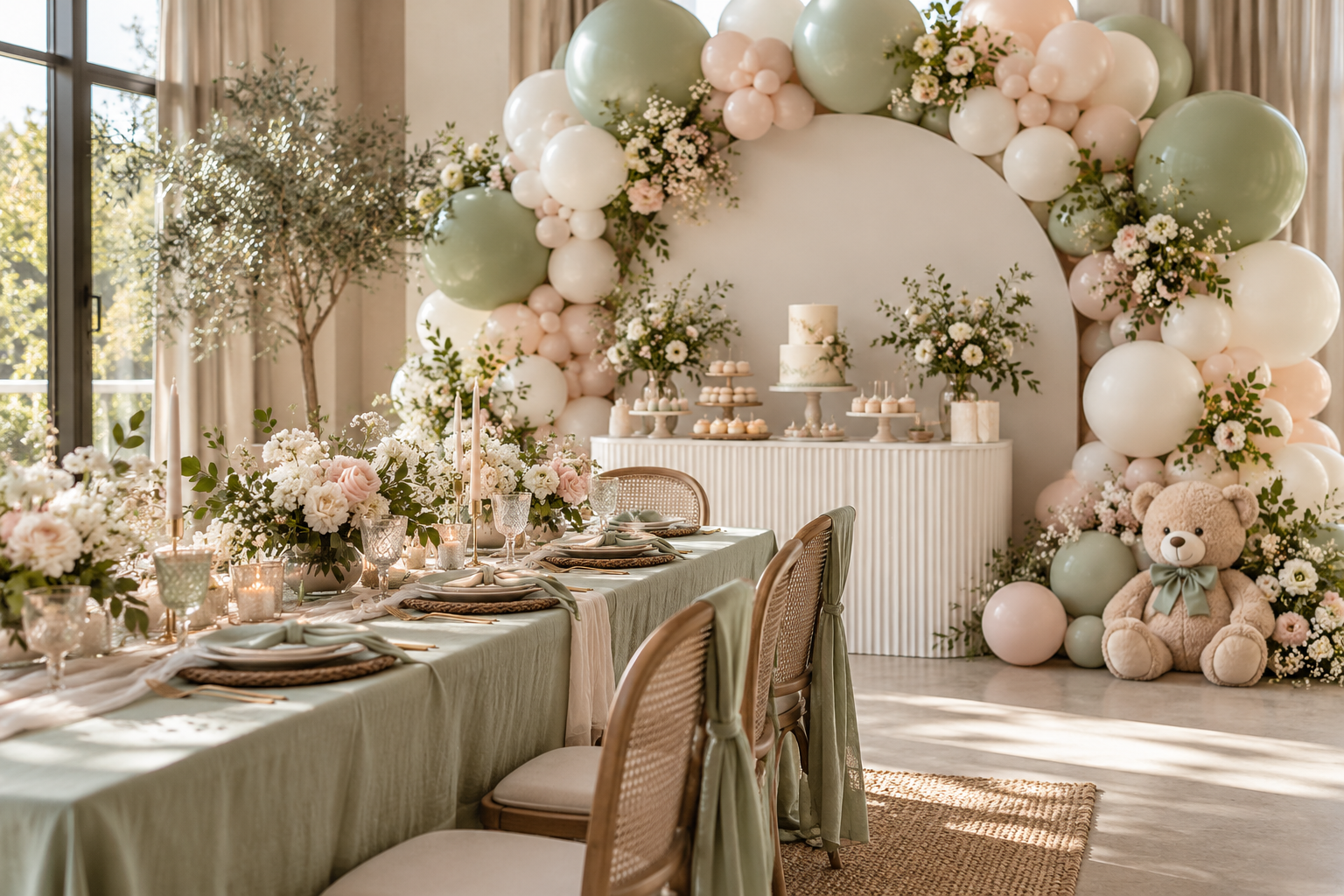 Pastel birthday setting with a balloon arch, cake table, and floral details