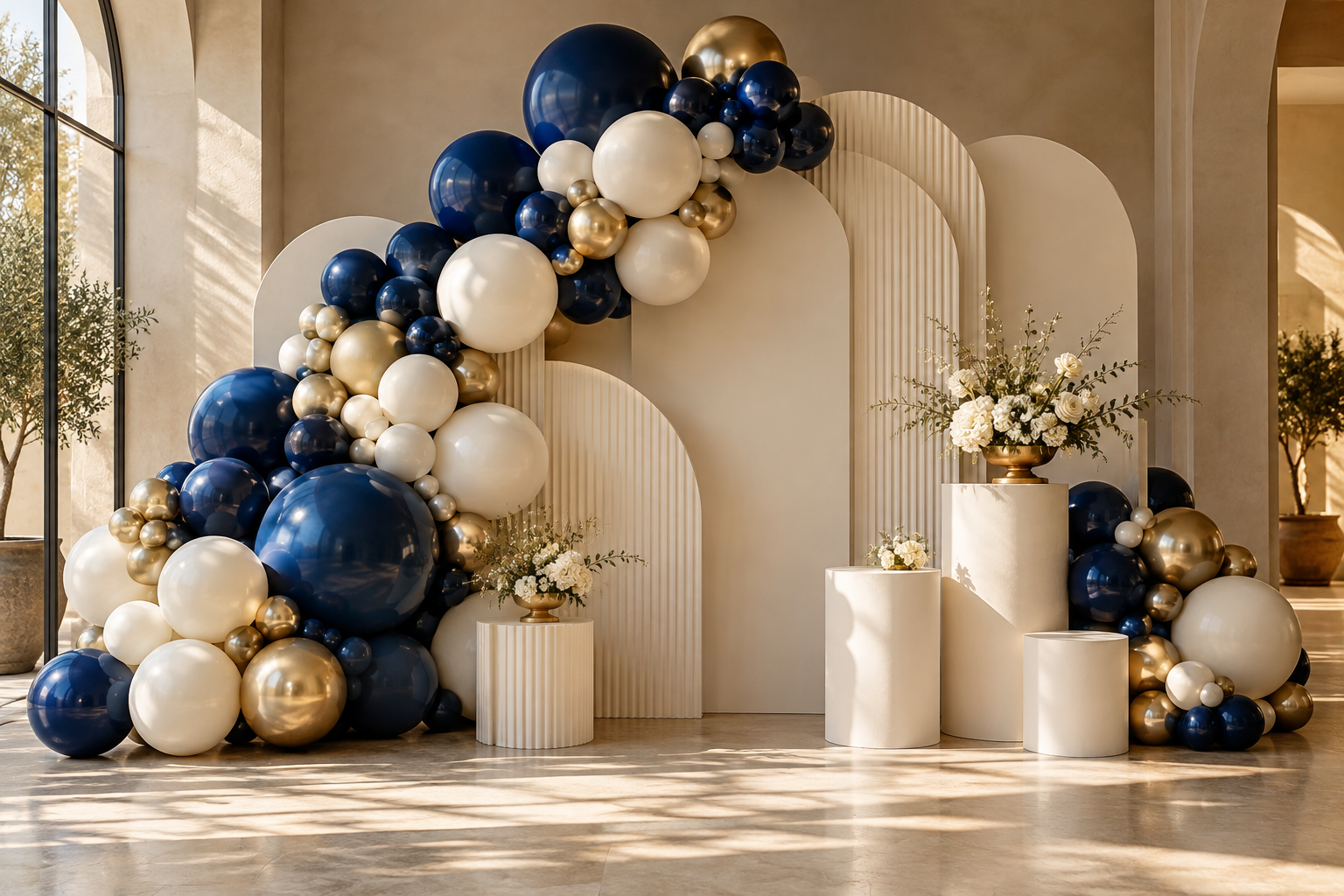 Modern navy, ivory, and gold balloon installation