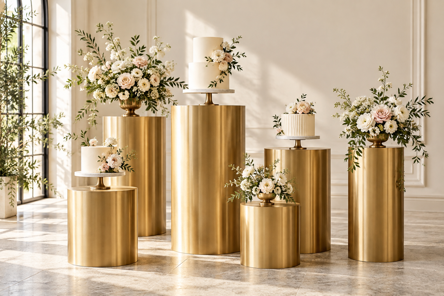 Gold display pedestals styled with cake and flowers