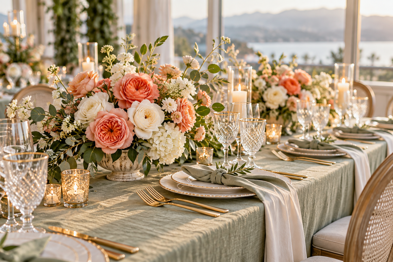 Candlelit table with navy linen, ivory flowers, and gold cutlery